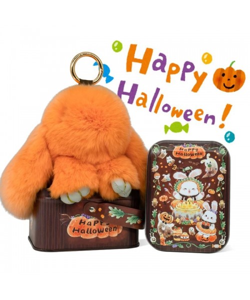 Handmade Fluffy Bunny PomPom Keychain with Designed Tin Box, Gifts for Halloween Christmas Holiday Handmade Fluffy Bunny PomPom Keychain with Designed Tin Box, Gifts for Halloween Christmas Holiday