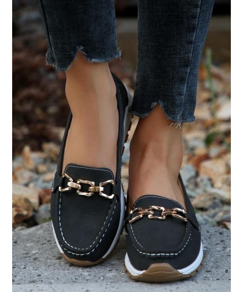 Women's Fashion Chain Decorated Low Top Round Toe Shoes, Fall Casual Slipon Walking Shoes for Girl, Comfortable Walking Shoes, Female Solid Shoes, Fall Outfits, Fall Freshness 2024 Fall Shoes