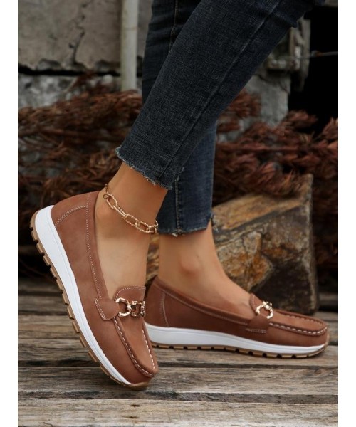 Women's Fashion Chain Decorated Low Top Round Toe Shoes, Fall Casual Slipon Walking Shoes for Girl, Comfortable Walking Shoes, Female Solid Shoes, Fall Outfits, Fall Freshness 2024 Fall Shoes