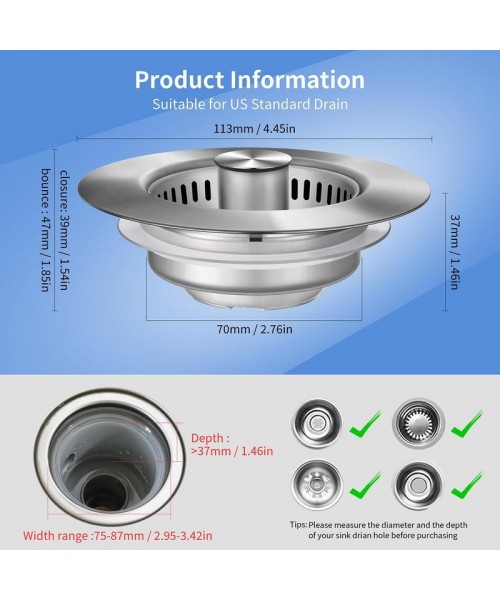 3 in 1 Kitchen Sink Drain Strainer Kitchen Gadgets, Stainless Steel Sink Stopper Kitchen Accessories, Anti-clogging Drainage Odor Filter Sink Plug for US Standard 3 1/2 Inch Drain 3 in 1 Kitchen Sink Drain Strainer Kitchen Gadgets, Stainless Steel Sink Stopper Kitchen Accessories, Anti-clogging Drainage Odor Filter Sink Plug for US Standard 3 1/2 Inch Drain