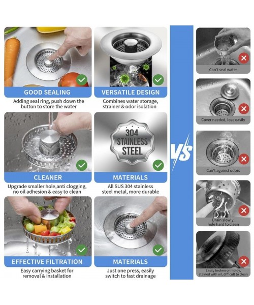 3 in 1 Kitchen Sink Drain Strainer Kitchen Gadgets, Stainless Steel Sink Stopper Kitchen Accessories, Anti-clogging Drainage Odor Filter Sink Plug for US Standard 3 1/2 Inch Drain 3 in 1 Kitchen Sink Drain Strainer Kitchen Gadgets, Stainless Steel Sink Stopper Kitchen Accessories, Anti-clogging Drainage Odor Filter Sink Plug for US Standard 3 1/2 Inch Drain
