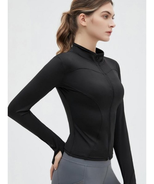 Women's Thumb Holes Solid Zip up Mock Neck Spring Sports Jacket, Back To School Outfits, Long Sleeve Sports Outerwear for Tennis Pickleball Gym Yoga Workout Running, BBL Jackets, Stand Collar Sports Tops, Women's Sportswear, Fall Outfits 2024