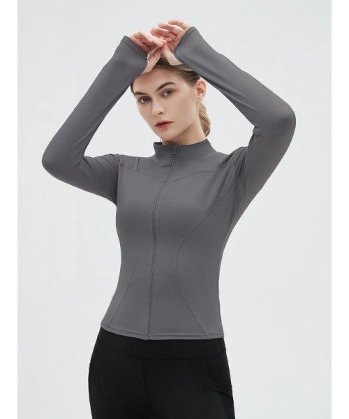 Women's Thumb Holes Solid Zip up Mock Neck Spring Sports Jacket, Back To School Outfits, Long Sleeve Sports Outerwear for Tennis Pickleball Gym Yoga Workout Running, BBL Jackets, Stand Collar Sports Tops, Women's Sportswear, Fall Outfits 2024