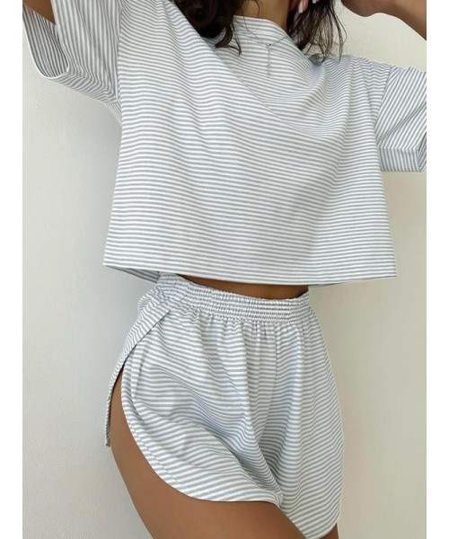 Two-Piece Set Women's Striped Print Drop Shoulder Tee & Wrap Split Shorts Pyjama Set, Comfy Short Sleeve T-shirt & Elastic Waist Shorts Pj Set, Back To School Wear Lounge Sets, Pajama Sets Women,&nbsp;Fall Clothes