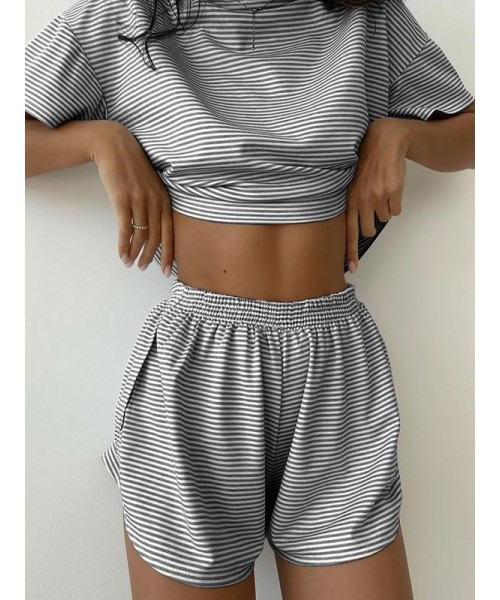 Two-Piece Set Women's Striped Print Drop Shoulder Tee & Wrap Split Shorts Pyjama Set, Comfy Short Sleeve T-shirt & Elastic Waist Shorts Pj Set, Back To School Wear Lounge Sets, Pajama Sets Women, Fall Clothes Two-Piece Set Women's Striped Print Drop Shoulder Tee & Wrap Split Shorts Pyjama Set, Comfy Short Sleeve T-shirt & Elastic Waist Shorts Pj Set, Back To School Wear Lounge Sets, Pajama Sets Women, Fall Clothes