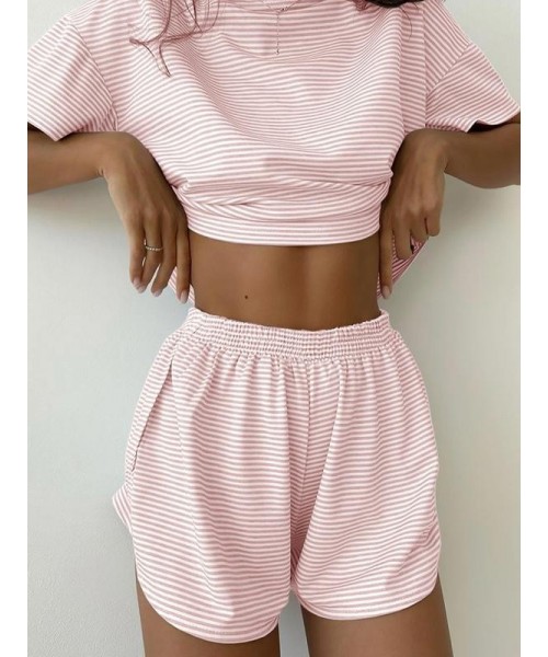 Two-Piece Set Women's Striped Print Drop Shoulder Tee & Wrap Split Shorts Pyjama Set, Comfy Short Sleeve T-shirt & Elastic Waist Shorts Pj Set, Back To School Wear Lounge Sets, Pajama Sets Women, Fall Clothes Two-Piece Set Women's Striped Print Drop Shoulder Tee & Wrap Split Shorts Pyjama Set, Comfy Short Sleeve T-shirt & Elastic Waist Shorts Pj Set, Back To School Wear Lounge Sets, Pajama Sets Women, Fall Clothes