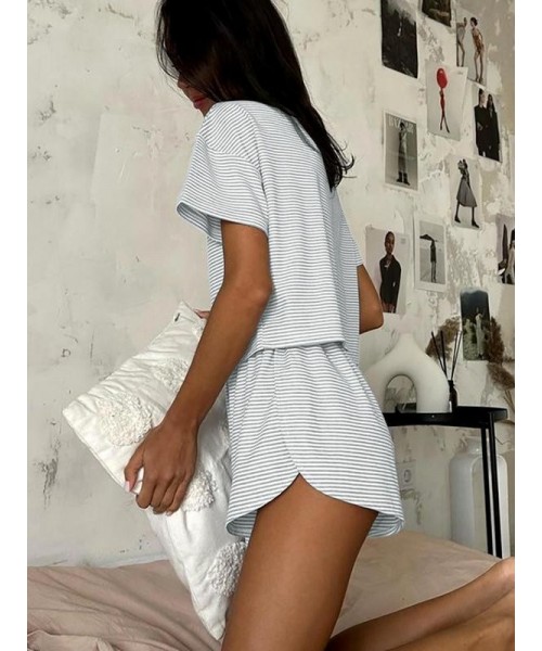 Two-Piece Set Women's Striped Print Drop Shoulder Tee & Wrap Split Shorts Pyjama Set, Comfy Short Sleeve T-shirt & Elastic Waist Shorts Pj Set, Back To School Wear Lounge Sets, Pajama Sets Women, Fall Clothes Two-Piece Set Women's Striped Print Drop Shoulder Tee & Wrap Split Shorts Pyjama Set, Comfy Short Sleeve T-shirt & Elastic Waist Shorts Pj Set, Back To School Wear Lounge Sets, Pajama Sets Women, Fall Clothes