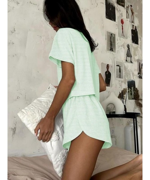 Two-Piece Set Women's Striped Print Drop Shoulder Tee & Wrap Split Shorts Pyjama Set, Comfy Short Sleeve T-shirt & Elastic Waist Shorts Pj Set, Back To School Wear Lounge Sets, Pajama Sets Women, Fall Clothes Two-Piece Set Women's Striped Print Drop Shoulder Tee & Wrap Split Shorts Pyjama Set, Comfy Short Sleeve T-shirt & Elastic Waist Shorts Pj Set, Back To School Wear Lounge Sets, Pajama Sets Women, Fall Clothes