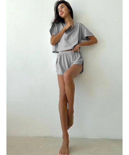 Two-Piece Set Women's Striped Print Drop Shoulder Tee & Wrap Split Shorts Pyjama Set, Comfy Short Sleeve T-shirt & Elastic Waist Shorts Pj Set, Back To School Wear Lounge Sets, Pajama Sets Women, Fall Clothes Two-Piece Set Women's Striped Print Drop Shoulder Tee & Wrap Split Shorts Pyjama Set, Comfy Short Sleeve T-shirt & Elastic Waist Shorts Pj Set, Back To School Wear Lounge Sets, Pajama Sets Women, Fall Clothes