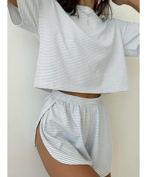 Two-Piece Set Women's Striped Print Drop Shoulder Tee & Wrap Split Shorts Pyjama Set, Comfy Short Sleeve T-shirt & Elastic Waist Shorts Pj Set, Back To School Wear Lounge Sets, Pajama Sets Women, Fall Clothes Two-Piece Set Women's Striped Print Drop Shoulder Tee & Wrap Split Shorts Pyjama Set, Comfy Short Sleeve T-shirt & Elastic Waist Shorts Pj Set, Back To School Wear Lounge Sets, Pajama Sets Women, Fall Clothes