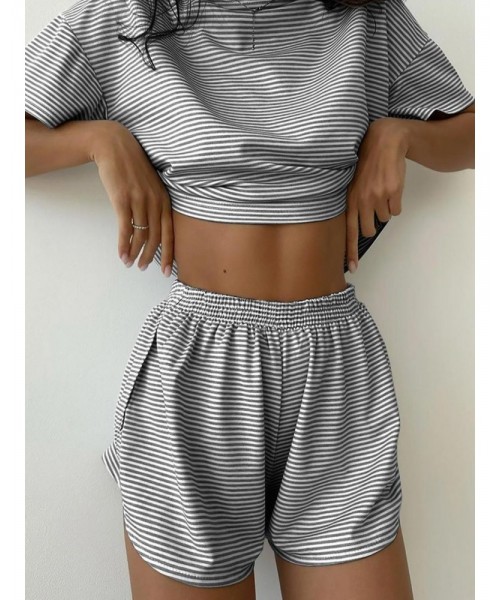 Two-Piece Set Women's Striped Print Drop Shoulder Tee & Wrap Split Shorts Pyjama Set, Comfy Short Sleeve T-shirt & Elastic Waist Shorts Pj Set, Back To School Wear Lounge Sets, Pajama Sets Women, Fall Clothes Two-Piece Set Women's Striped Print Drop Shoulder Tee & Wrap Split Shorts Pyjama Set, Comfy Short Sleeve T-shirt & Elastic Waist Shorts Pj Set, Back To School Wear Lounge Sets, Pajama Sets Women, Fall Clothes