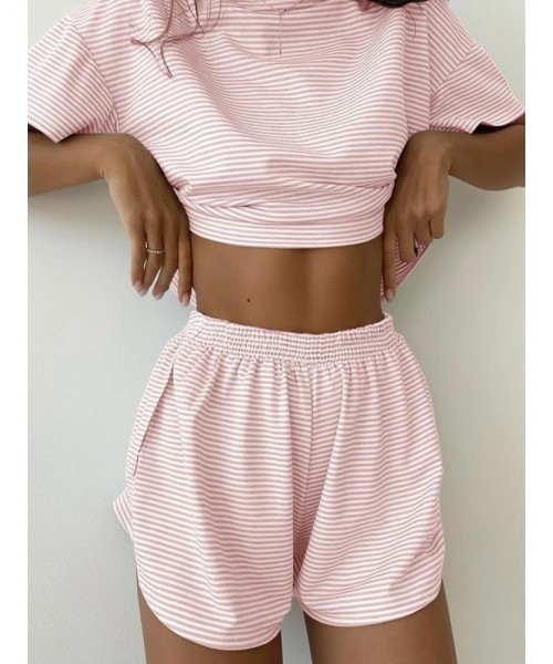 Two-Piece Set Women's Striped Print Drop Shoulder Tee & Wrap Split Shorts Pyjama Set, Comfy Short Sleeve T-shirt & Elastic Waist Shorts Pj Set, Back To School Wear Lounge Sets, Pajama Sets Women, Fall Clothes Two-Piece Set Women's Striped Print Drop Shoulder Tee & Wrap Split Shorts Pyjama Set, Comfy Short Sleeve T-shirt & Elastic Waist Shorts Pj Set, Back To School Wear Lounge Sets, Pajama Sets Women, Fall Clothes