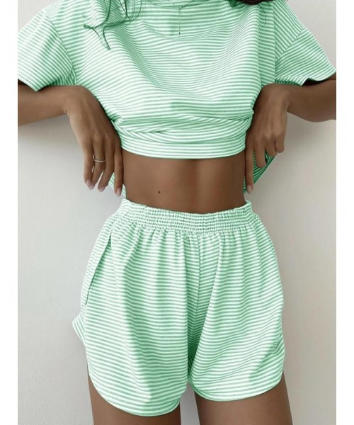 Two-Piece Set Women's Striped Print Drop Shoulder Tee & Wrap Split Shorts Pyjama Set, Comfy Short Sleeve T-shirt & Elastic Waist Shorts Pj Set, Back To School Wear Lounge Sets, Pajama Sets Women, Fall Clothes Two-Piece Set Women's Striped Print Drop Shoulder Tee & Wrap Split Shorts Pyjama Set, Comfy Short Sleeve T-shirt & Elastic Waist Shorts Pj Set, Back To School Wear Lounge Sets, Pajama Sets Women, Fall Clothes