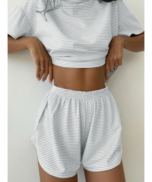 Two-Piece Set Women's Striped Print Drop Shoulder Tee & Wrap Split Shorts Pyjama Set, Comfy Short Sleeve T-shirt & Elastic Waist Shorts Pj Set, Back To School Wear Lounge Sets, Pajama Sets Women, Fall Clothes Two-Piece Set Women's Striped Print Drop Shoulder Tee & Wrap Split Shorts Pyjama Set, Comfy Short Sleeve T-shirt & Elastic Waist Shorts Pj Set, Back To School Wear Lounge Sets, Pajama Sets Women, Fall Clothes
