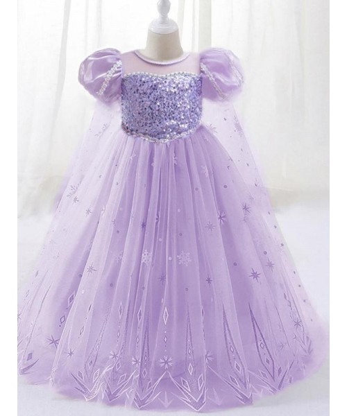 Girl's Contrast Mesh Sequin Decor Faux Pearl Decor Princess Dress, Elegant Puff Sleeve Round Neck Dress for Party, Kids Clothing for All Seasons Girl's Contrast Mesh Sequin Decor Faux Pearl Decor Princess Dress, Elegant Puff Sleeve Round Neck Dress for Party, Kids Clothing for All Seasons