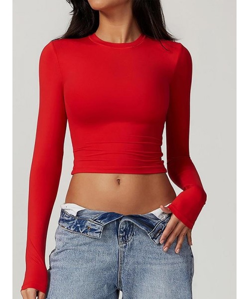 Women's Solid Round Neck Compression Sports Tee, Quick Drying Long Sleeve Crew Neck Crop T-shirt for Fall, Leisure Wear Top Ladies Sportswear for Indoor Outdoor Wear, Experimental Outfits, Leisure Wear Top