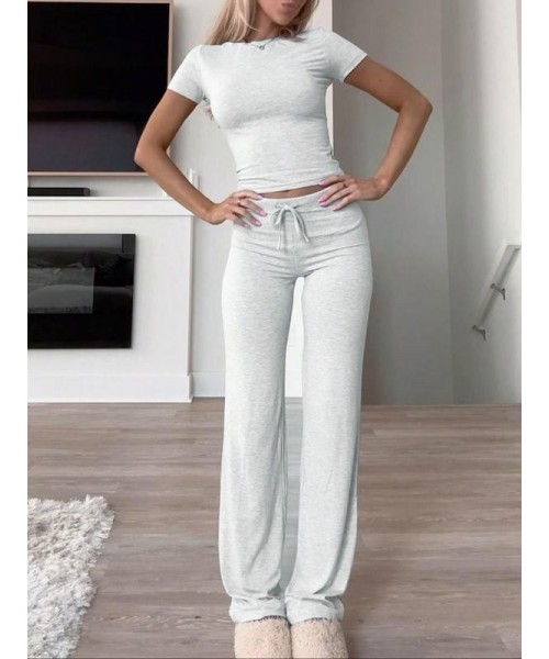 Women's Solid Short Sleeve Two Piece Set, Summer Outfits 2024 Two Piece Sets, Casual Round Neck Crop Tee & Drawstring High Waist Trousers for Daily Wear, Back-to-school Clothing, Ladies Fall Matching Sets Going Out, Fall Outfits Black Girl Women's Solid Short Sleeve Two Piece Set, Summer Outfits 2024 Two Piece Sets, Casual Round Neck Crop Tee & Drawstring High Waist Trousers for Daily Wear, Back-to-school Clothing, Ladies Fall Matching Sets Going Out, Fall Outfits Black Girl