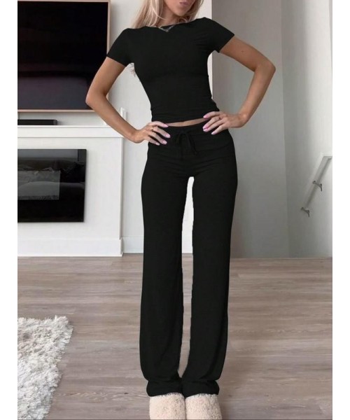 Women's Solid Short Sleeve Two Piece Set, Summer Outfits 2024 Two Piece Sets, Casual Round Neck Crop Tee & Drawstring High Waist Trousers for Daily Wear, Back-to-school Clothing, Ladies Fall Matching Sets Going Out, Fall Outfits Black Girl Women's Solid Short Sleeve Two Piece Set, Summer Outfits 2024 Two Piece Sets, Casual Round Neck Crop Tee & Drawstring High Waist Trousers for Daily Wear, Back-to-school Clothing, Ladies Fall Matching Sets Going Out, Fall Outfits Black Girl