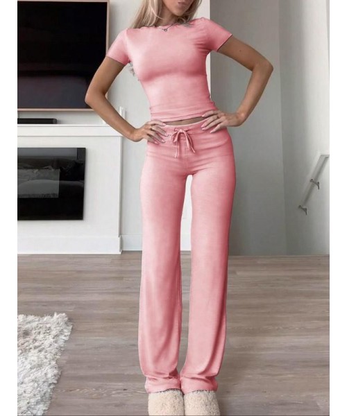 Women's Solid Short Sleeve Two Piece Set, Summer Outfits 2024 Two Piece Sets, Casual Round Neck Crop Tee & Drawstring High Waist Trousers for Daily Wear, Back-to-school Clothing, Ladies Fall Matching Sets Going Out, Fall Outfits Black Girl Women's Solid Short Sleeve Two Piece Set, Summer Outfits 2024 Two Piece Sets, Casual Round Neck Crop Tee & Drawstring High Waist Trousers for Daily Wear, Back-to-school Clothing, Ladies Fall Matching Sets Going Out, Fall Outfits Black Girl