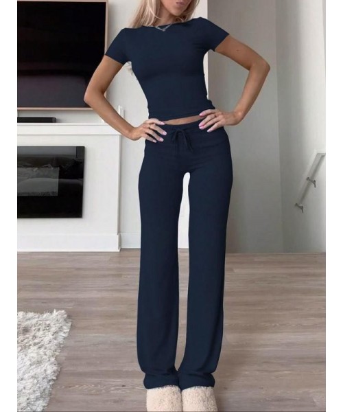 Women's Solid Short Sleeve Two Piece Set, Summer Outfits 2024 Two Piece Sets, Casual Round Neck Crop Tee & Drawstring High Waist Trousers for Daily Wear, Back-to-school Clothing, Ladies Fall Matching Sets Going Out, Fall Outfits Black Girl Women's Solid Short Sleeve Two Piece Set, Summer Outfits 2024 Two Piece Sets, Casual Round Neck Crop Tee & Drawstring High Waist Trousers for Daily Wear, Back-to-school Clothing, Ladies Fall Matching Sets Going Out, Fall Outfits Black Girl