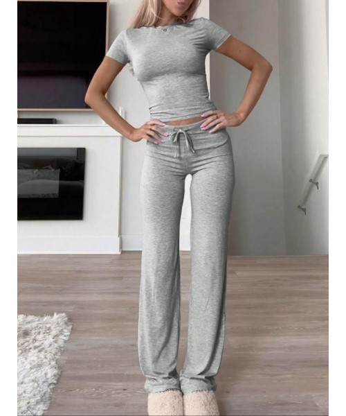 Women's Solid Short Sleeve Two Piece Set, Summer Outfits 2024 Two Piece Sets, Casual Round Neck Crop Tee & Drawstring High Waist Trousers for Daily Wear, Back-to-school Clothing, Ladies Fall Matching Sets Going Out, Fall Outfits Black Girl Women's Solid Short Sleeve Two Piece Set, Summer Outfits 2024 Two Piece Sets, Casual Round Neck Crop Tee & Drawstring High Waist Trousers for Daily Wear, Back-to-school Clothing, Ladies Fall Matching Sets Going Out, Fall Outfits Black Girl