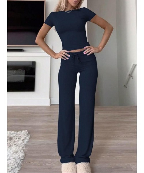 Women's Solid Short Sleeve Two Piece Set, Summer Outfits 2024 Two Piece Sets, Casual Round Neck Crop Tee & Drawstring High Waist Trousers for Daily Wear, Back-to-school Clothing, Ladies Fall Matching Sets Going Out, Fall Outfits Black Girl Women's Solid Short Sleeve Two Piece Set, Summer Outfits 2024 Two Piece Sets, Casual Round Neck Crop Tee & Drawstring High Waist Trousers for Daily Wear, Back-to-school Clothing, Ladies Fall Matching Sets Going Out, Fall Outfits Black Girl