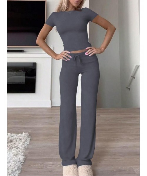 Women's Solid Short Sleeve Two Piece Set, Summer Outfits 2024 Two Piece Sets, Casual Round Neck Crop Tee & Drawstring High Waist Trousers for Daily Wear, Back-to-school Clothing, Ladies Fall Matching Sets Going Out, Fall Outfits Black Girl Women's Solid Short Sleeve Two Piece Set, Summer Outfits 2024 Two Piece Sets, Casual Round Neck Crop Tee & Drawstring High Waist Trousers for Daily Wear, Back-to-school Clothing, Ladies Fall Matching Sets Going Out, Fall Outfits Black Girl