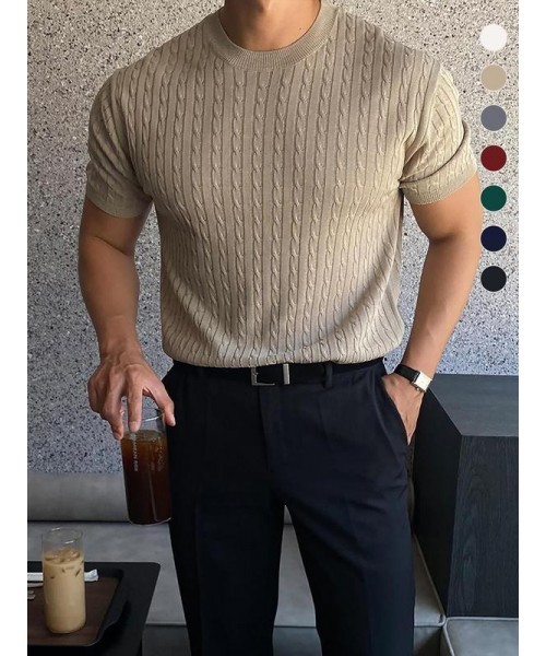 Men's Plain Round Neck Cable Knit Top, Knit Sweater, Slim Casual Streetwear Short Sleeve Crew Neck Knitwear Top, Summer Clothes, Soft Classic Knitting Tops, Fall Clothes,&nbsp;Back to School Outfits,&nbsp;Summer Tops 2024, Men's Clothes