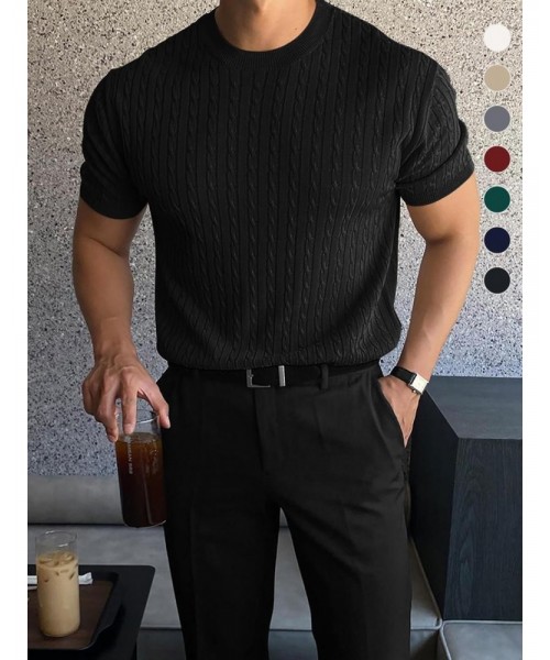 Men's Plain Round Neck Cable Knit Top, Knit Sweater, Slim Casual Streetwear Short Sleeve Crew Neck Knitwear Top, Summer Clothes, Soft Classic Knitting Tops, Fall Clothes, Back to School Outfits, Summer Tops 2024, Men's Clothes Men's Plain Round Neck Cable Knit Top, Knit Sweater, Slim Casual Streetwear Short Sleeve Crew Neck Knitwear Top, Summer Clothes, Soft Classic Knitting Tops, Fall Clothes, Back to School Outfits, Summer Tops 2024, Men's Clothes
