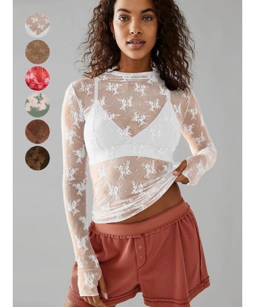 Women's Floral Lace Thumb Hole Sheer Tee, Trendy Mock Neck Long Sleeve T-shirt, Graphic Fall&nbsp;Tees, Women's Top for Daily Wear, Fall Outfits, Fallfreshness
