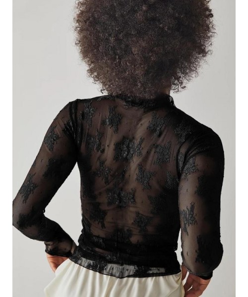 Women's Floral Lace Thumb Hole Sheer Tee, Trendy Mock Neck Long Sleeve T-shirt, Graphic Fall&nbsp;Tees, Women's Top for Daily Wear, Fall Outfits, Fallfreshness