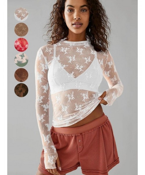 Women's Floral Lace Thumb Hole Sheer Tee, Trendy Mock Neck Long Sleeve T-shirt, Graphic Fall&nbsp;Tees, Women's Top for Daily Wear, Fall Outfits, Fallfreshness