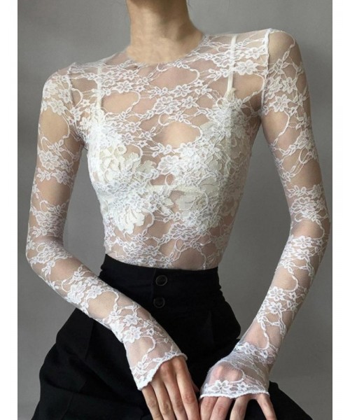 Women's Floral Lace Thumb Hole Sheer Tee, Trendy Mock Neck Long Sleeve T-shirt, Graphic Fall&nbsp;Tees, Women's Top for Daily Wear, Fall Outfits, Fallfreshness