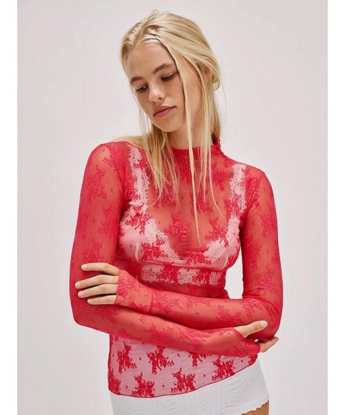 Women's Floral Lace Thumb Hole Sheer Tee, Trendy Mock Neck Long Sleeve T-shirt, Graphic Fall&nbsp;Tees, Women's Top for Daily Wear, Fall Outfits, Fallfreshness