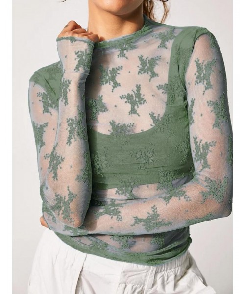 Women's Floral Lace Thumb Hole Sheer Tee, Trendy Mock Neck Long Sleeve T-shirt, Graphic Fall&nbsp;Tees, Women's Top for Daily Wear, Fall Outfits, Fallfreshness