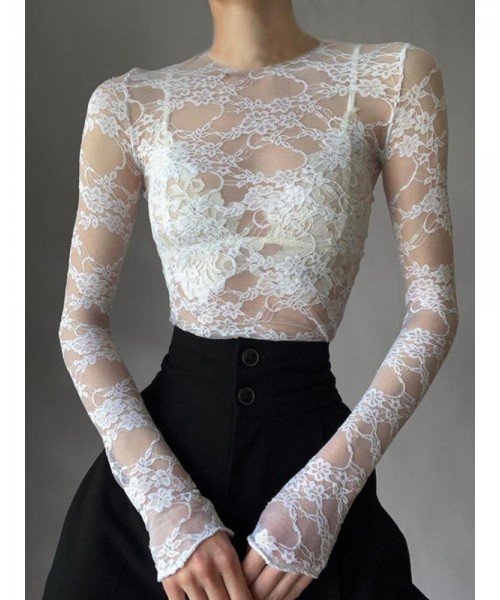 Women's Floral Lace Thumb Hole Sheer Tee, Trendy Mock Neck Long Sleeve T-shirt, Graphic Fall&nbsp;Tees, Women's Top for Daily Wear, Fall Outfits, Fallfreshness