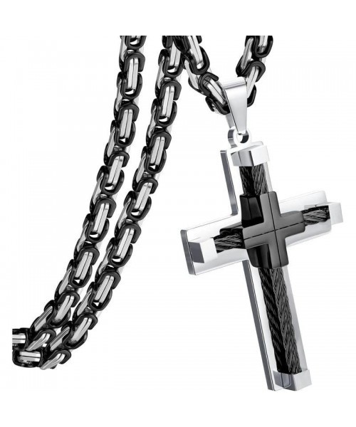 Stainless Steel Large Cross Chain Silver/Gold/Black Cross Pendant Byzantine Chain Necklace Cross Necklace for Men ,24" Daily
