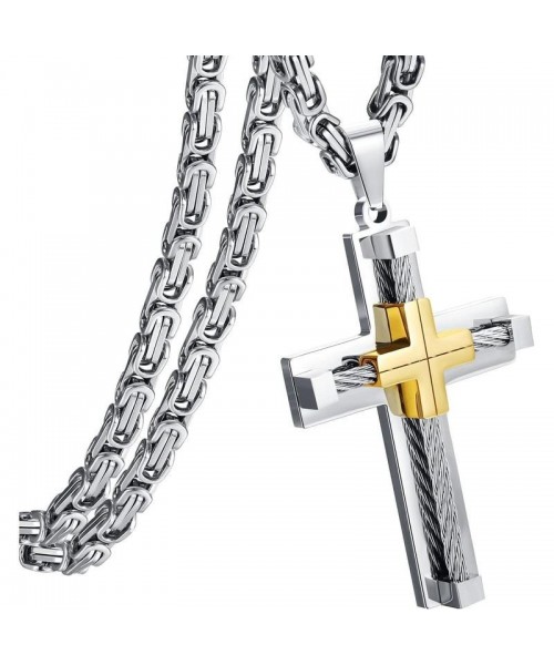 Stainless Steel Large Cross Chain Silver/Gold/Black Cross Pendant Byzantine Chain Necklace Cross Necklace for Men ,24" Daily Stainless Steel Large Cross Chain Silver/Gold/Black Cross Pendant Byzantine Chain Necklace Cross Necklace for Men ,24" Daily