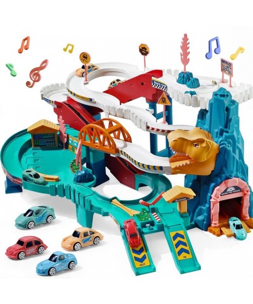 Full Size Dinosaur Race Track Playset Toys for Kids Car Ramp Track Set Toys Adventure Car Garage Parking Toy
