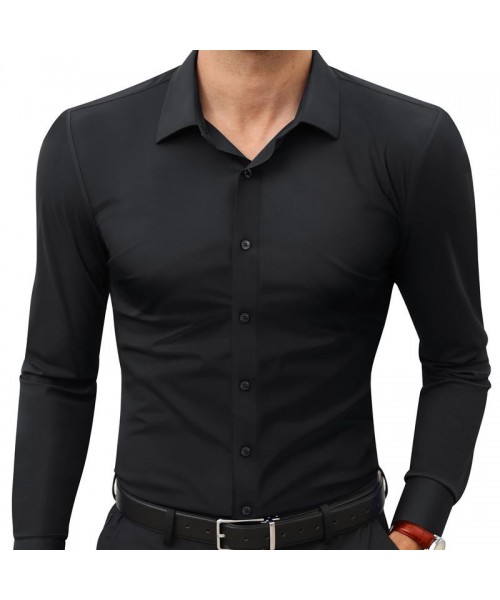 Men's super stretchy dress shirt quick-drying breathable anti-wrinkle muscle slim long-sleeved business sports casual shirt Slim-fitting Casual Casual Black Menswear Top Underwear Beige Plain Long Sleeve Collar Longsleeves Collared Wetsuit
