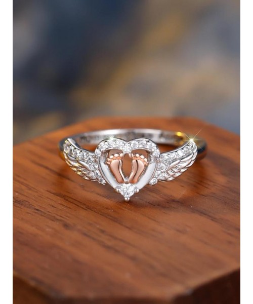 925 Sterling Silver Angel Wing Design Ring, Heart & Footprint Decorative Ring for Women, Fashion Jewelry Accessories for Daily Wear, Trendy All-match & Exquisite Jewelry for Birthday Gift 925 Sterling Silver Angel Wing Design Ring, Heart & Footprint Decorative Ring for Women, Fashion Jewelry Accessories for Daily Wear, Trendy All-match & Exquisite Jewelry for Birthday Gift