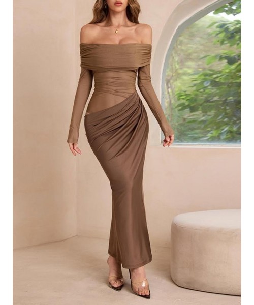 Women's Plain Off Shoulder Ruched Sheer Mesh Dress, Elegant Long Sleeve Long Dress for Party Banquet, Ladies Summer Clothes, Experimental Outfits Women's Plain Off Shoulder Ruched Sheer Mesh Dress, Elegant Long Sleeve Long Dress for Party Banquet, Ladies Summer Clothes, Experimental Outfits