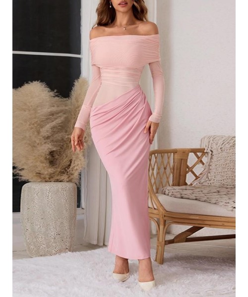 Women's Plain Off Shoulder Ruched Sheer Mesh Dress, Elegant Long Sleeve Long Dress for Party Banquet, Ladies Summer Clothes, Experimental Outfits Women's Plain Off Shoulder Ruched Sheer Mesh Dress, Elegant Long Sleeve Long Dress for Party Banquet, Ladies Summer Clothes, Experimental Outfits