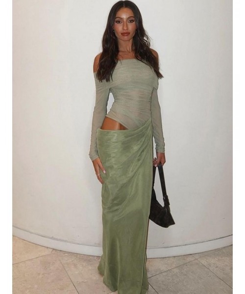 Women's Plain Off Shoulder Ruched Sheer Mesh Dress, Elegant Long Sleeve Long Dress for Party Banquet, Ladies Summer Clothes, Experimental Outfits Women's Plain Off Shoulder Ruched Sheer Mesh Dress, Elegant Long Sleeve Long Dress for Party Banquet, Ladies Summer Clothes, Experimental Outfits