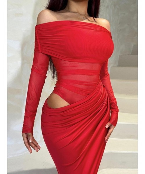 Women's Plain Off Shoulder Ruched Sheer Mesh Dress, Elegant Long Sleeve Long Dress for Party Banquet, Ladies Summer Clothes, Experimental Outfits Women's Plain Off Shoulder Ruched Sheer Mesh Dress, Elegant Long Sleeve Long Dress for Party Banquet, Ladies Summer Clothes, Experimental Outfits