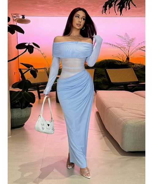 Women's Plain Off Shoulder Ruched Sheer Mesh Dress, Elegant Long Sleeve Long Dress for Party Banquet, Ladies Summer Clothes, Experimental Outfits Women's Plain Off Shoulder Ruched Sheer Mesh Dress, Elegant Long Sleeve Long Dress for Party Banquet, Ladies Summer Clothes, Experimental Outfits