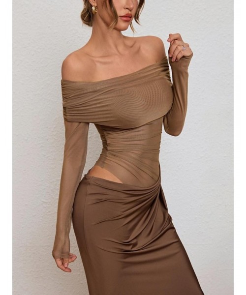 Women's Plain Off Shoulder Ruched Sheer Mesh Dress, Elegant Long Sleeve Long Dress for Party Banquet, Ladies Summer Clothes, Experimental Outfits Women's Plain Off Shoulder Ruched Sheer Mesh Dress, Elegant Long Sleeve Long Dress for Party Banquet, Ladies Summer Clothes, Experimental Outfits
