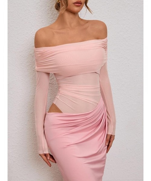 Women's Plain Off Shoulder Ruched Sheer Mesh Dress, Elegant Long Sleeve Long Dress for Party Banquet, Ladies Summer Clothes, Experimental Outfits Women's Plain Off Shoulder Ruched Sheer Mesh Dress, Elegant Long Sleeve Long Dress for Party Banquet, Ladies Summer Clothes, Experimental Outfits