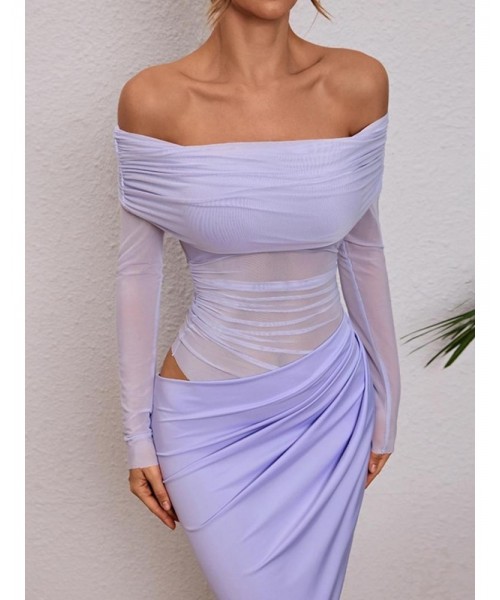Women's Plain Off Shoulder Ruched Sheer Mesh Dress, Elegant Long Sleeve Long Dress for Party Banquet, Ladies Summer Clothes, Experimental Outfits Women's Plain Off Shoulder Ruched Sheer Mesh Dress, Elegant Long Sleeve Long Dress for Party Banquet, Ladies Summer Clothes, Experimental Outfits