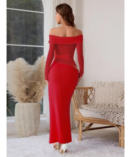 Women's Plain Off Shoulder Ruched Sheer Mesh Dress, Elegant Long Sleeve Long Dress for Party Banquet, Ladies Summer Clothes, Experimental Outfits Women's Plain Off Shoulder Ruched Sheer Mesh Dress, Elegant Long Sleeve Long Dress for Party Banquet, Ladies Summer Clothes, Experimental Outfits